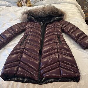 Moncler Burgundy Long Jacket with Fur Hood - Size 1
